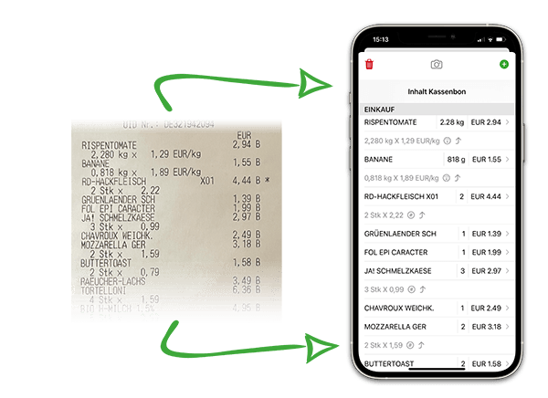 Photo of a receipt and matching iPhone picure displaying the storage of the receipt info