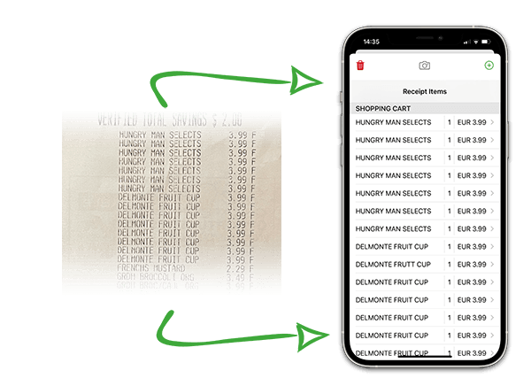 Photo of a receipt and matching iPhone picure displaying the storage of the receipt info
