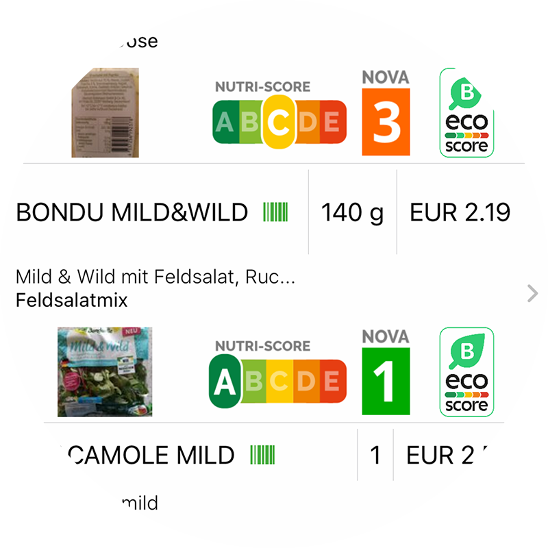Abbildung: Nutri- und Eco-Scores von Produkten in What's Left
