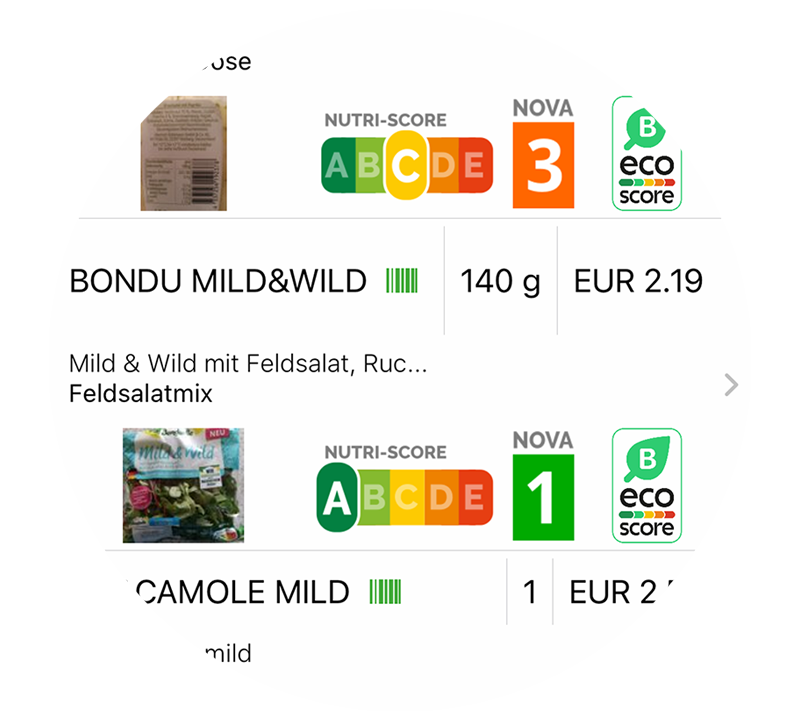 Bildschirmfoto - Kassenbon und Artikelinformationen wie Nutri- und e-Score.