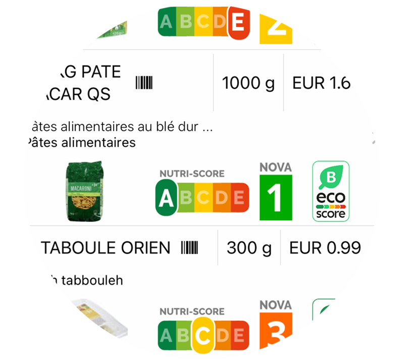 Capture d'écran, eco et nutri score des articles du ticket de caisse