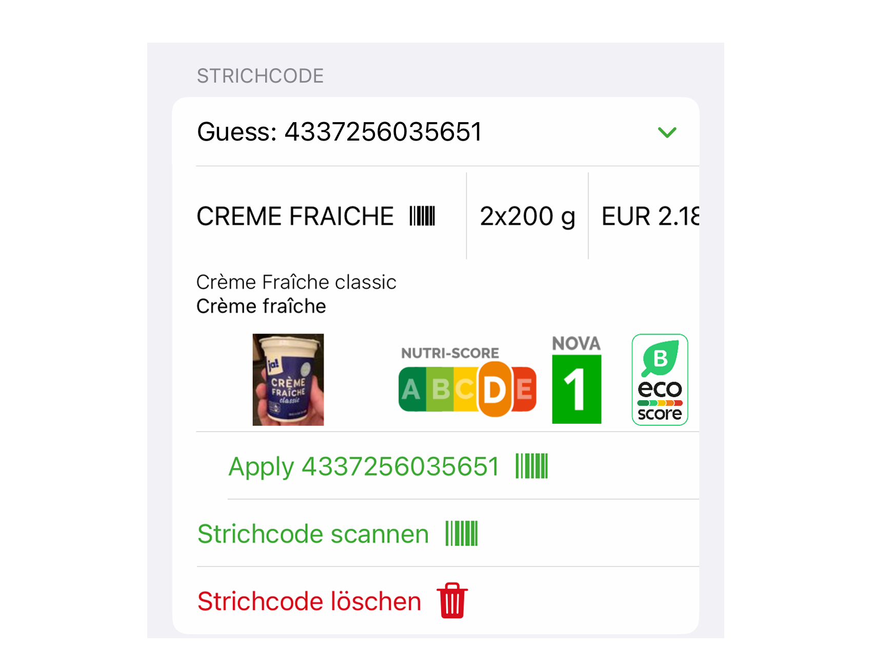 Bildschirmfotos eines eingescannten Barcode in What's Left und dann in einem anderen Kassenbon abgerufen