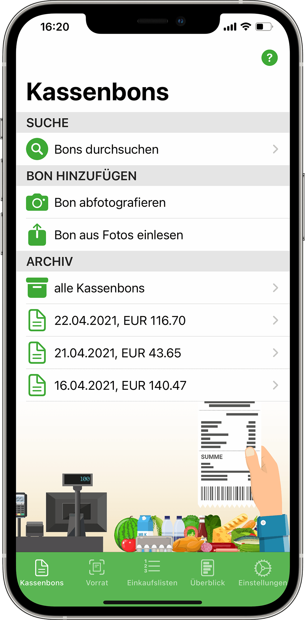 iPhone Bildschirm: Kassenbons einscannen in What's Left