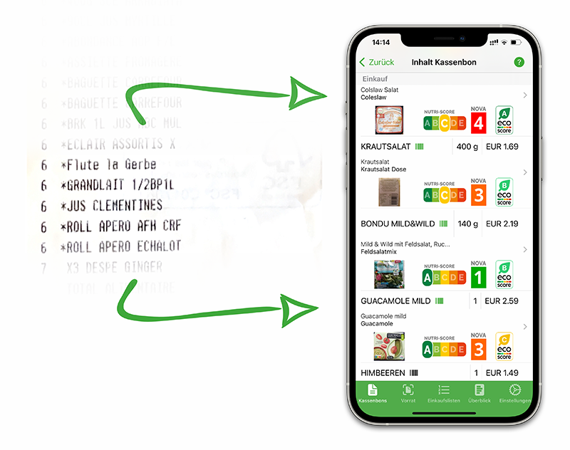 Après le scan d'un ticket, l'affichage des différents scores des articles dans le ticket de caisse dans l'application What's Left